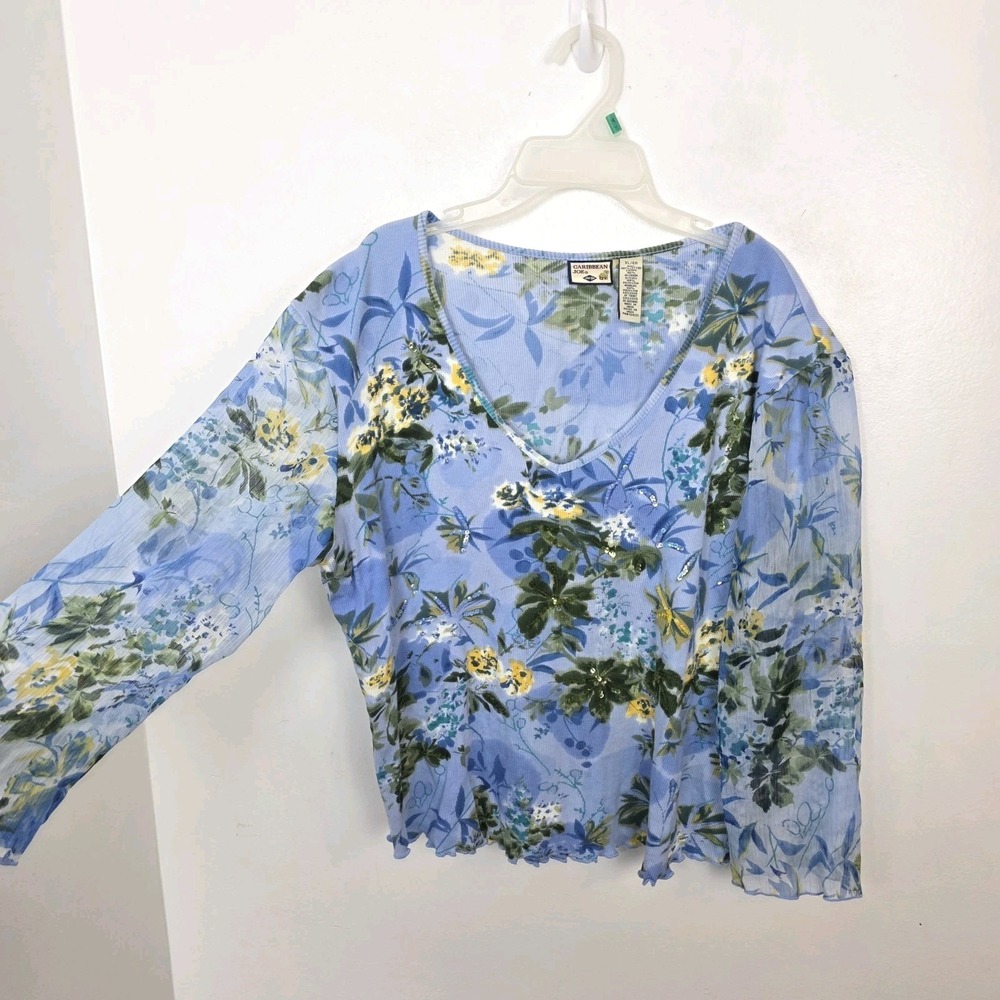 Caribbeanโ Joe Blue Green Tropical Floral Sequin Summer Vacation Blouse Size XL
